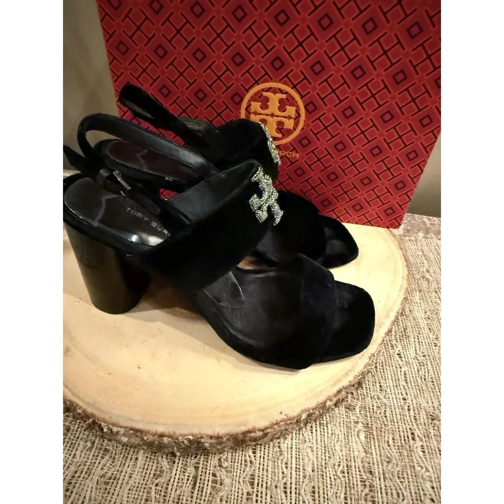 Tory Burch Eleanor Pave Heel Sandal in Black Velvet‎ Leather Rt-428$ Sz-9.5